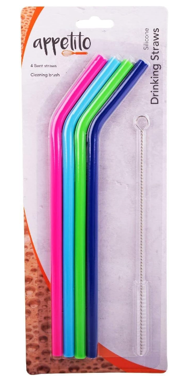 Silicone Bent Drinking Straw w/brush - 4pk